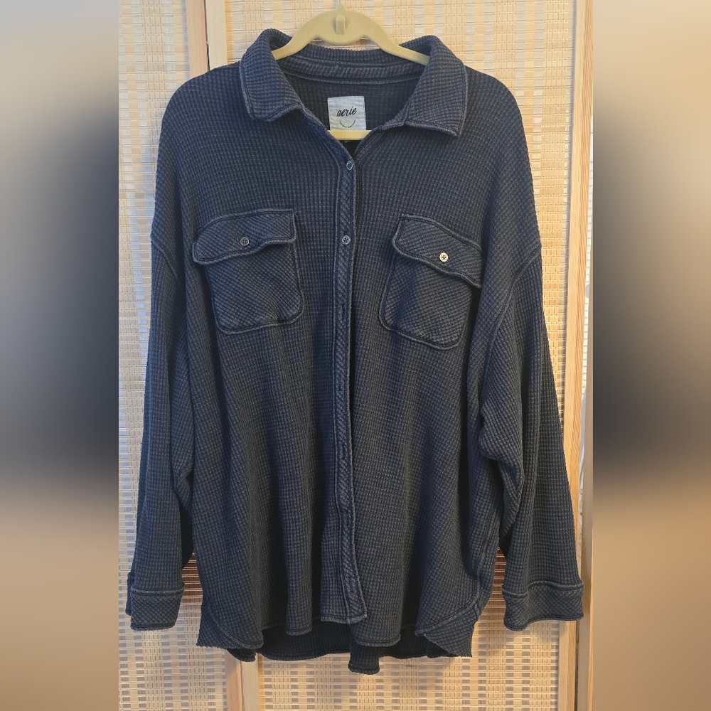 Aerie Oversized Waffle Knit Button Down Shirt Cozy Lounge Top Blue XL - Picture 2 of 4